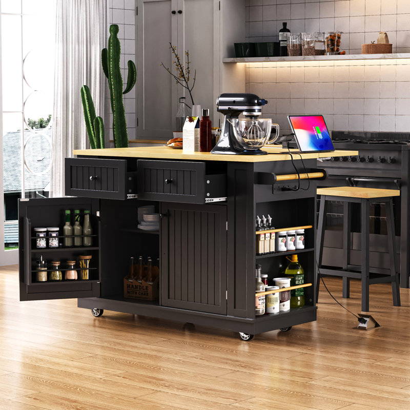 Grand îlot de cuisine de 48 pouces avec rallonge, prise de courant, support de rangement interne, chariot de rangement sur roulettes sur 5 roues avec 5 supports latéraux ouverts, pour la cuisine, la salle à manger, noir (sans les tabourets)