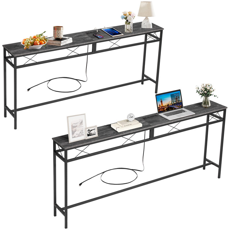 Ramsdell console Table Set with Built-in Outlets, 31.5" H x 55.1" W x 11.8" D, Charcoal Gray
