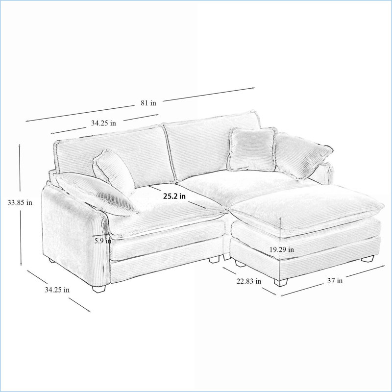 Sofas 2-Seater with Ottoman, Retro-Modern for Small Living Spaces | Sage Green | Corduroy, Green Corduroy