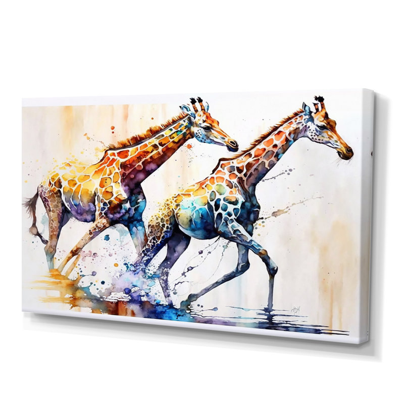 Girafes qui courent - Art sur toile girafe, H 30 po x l 40 po x P 1,5 po, Toile tendue
