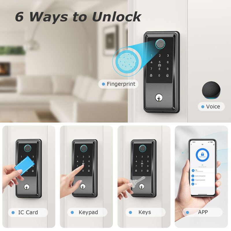 G6 Smart Keyless Entry Door Lock with Handle - APP & 2.4G Wi-Fi Control, Built-in Doorbell, Fingerprint & Keypad, Black