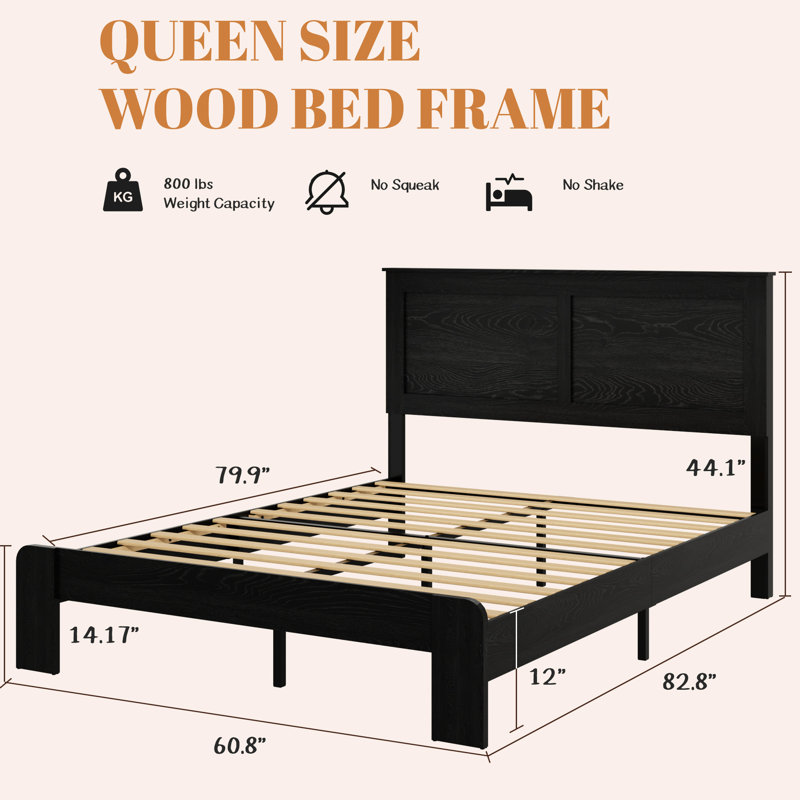 Cadre de lit double avec tête de lit tapissier rustique, plateforme en bois, charge, lumières à DEL, caractéristique pour animaux de compagnie, bruit, sans sommier, noir antique en noir, station de charge de style campagnard, Glow For