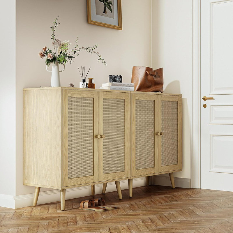 Armoire de rangement en rotin à 2 portes, console de buffet en bois avec tablettes pour le salon, le couloir, la cuisine, le chêne
