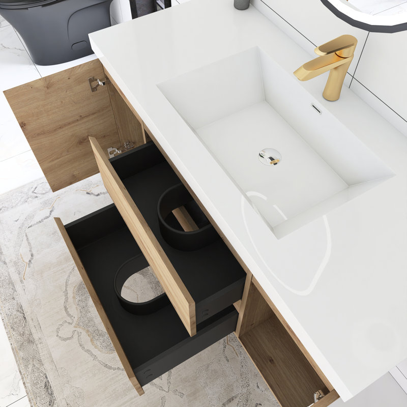 Cathlene 48'' Single Sink Wall Mounted Bathroom Vanity with Cultured Marble Top, Oak