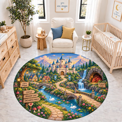 "Ultra Thin" 6' x 6' Enchanted Castle Dragon Round Area Rug, Soft Low Pile Indoor Rug with Non-Slip Silicone Backing Carpet for Nursery, Kids Room, Playroom and Bedroom