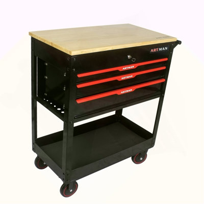 3 DRAWERS MULTIFUNCTIONAL TOOL CART WITH WHEELS AND WOODEN TOP--BLACK&RED