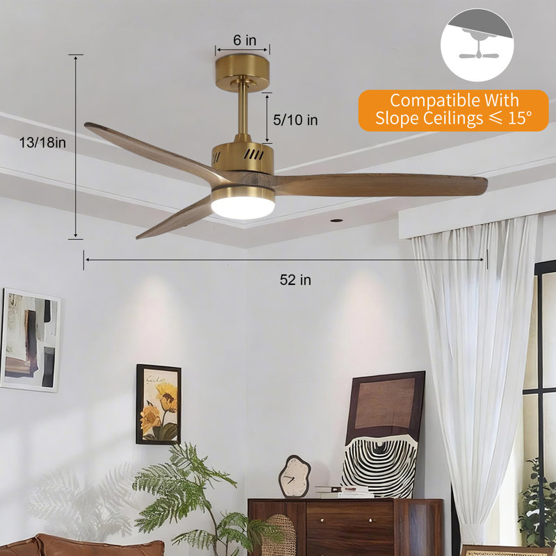 Glio 52 in. Gold Downrod Mount Standard Ceiling Fan with Integrated LED DC Motor, Gold, Gray Wood