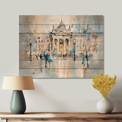 Watercolor Dublin Castle In 1950S I - Industrial Wood Wall Art On Natural Pine Wood