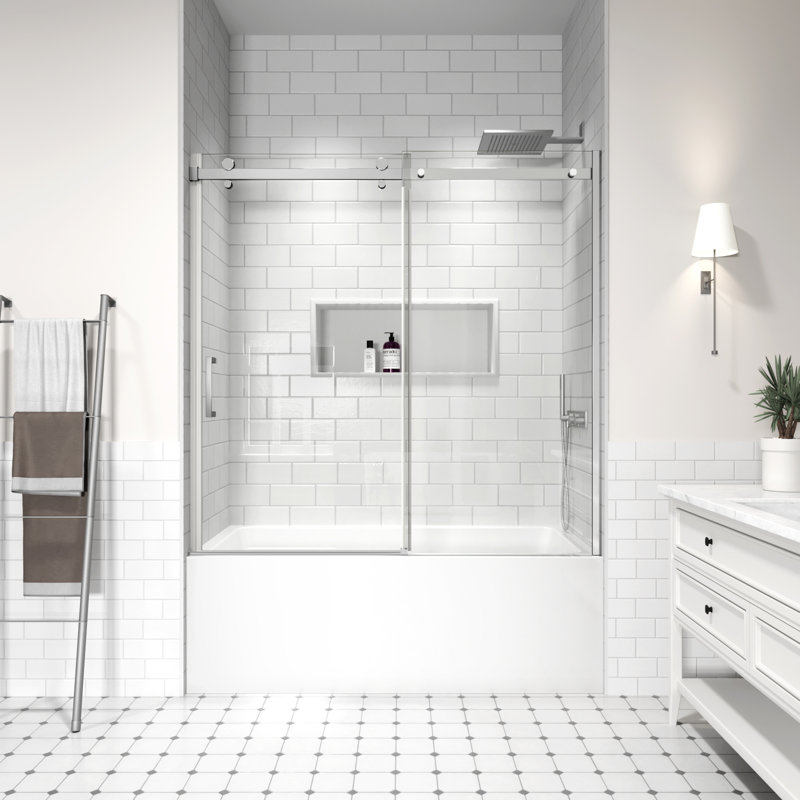 Portes coulissantes de baignoire sans cadre de l 56 à 60 po x H 58 po, porte de douche en verre pour baignoire avec verre trempé clair de 5/16 po (8 mm), portes de douche à finition chromée, installation réversible