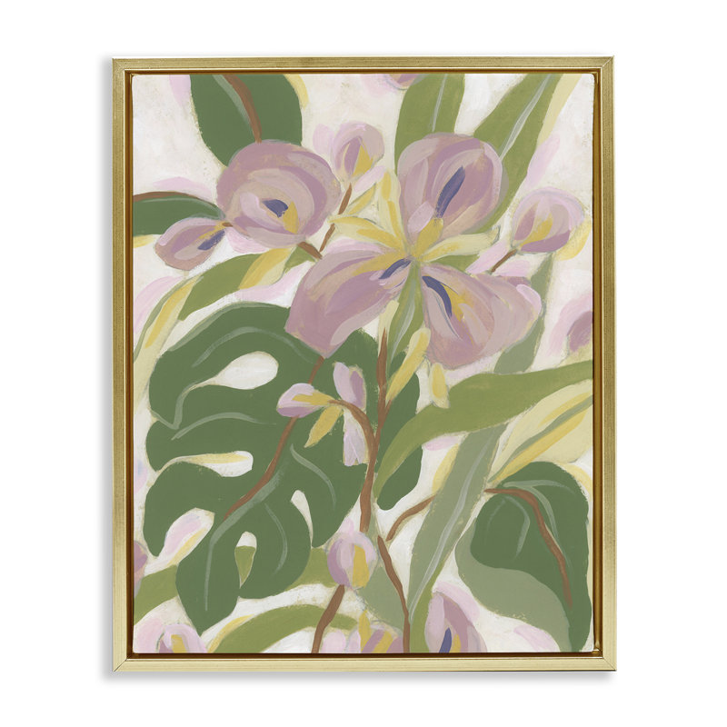 «Monstera & Pink Flower», art mural sur toile flottante par June Erica Vess, Cadre flottant métallique doré