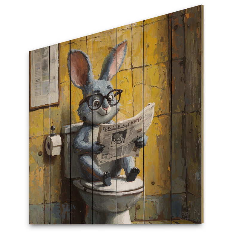 Lapin avec des lunettes dans la toilette I - Décoration murale animal en bois de lapin - sur bois de pin naturel