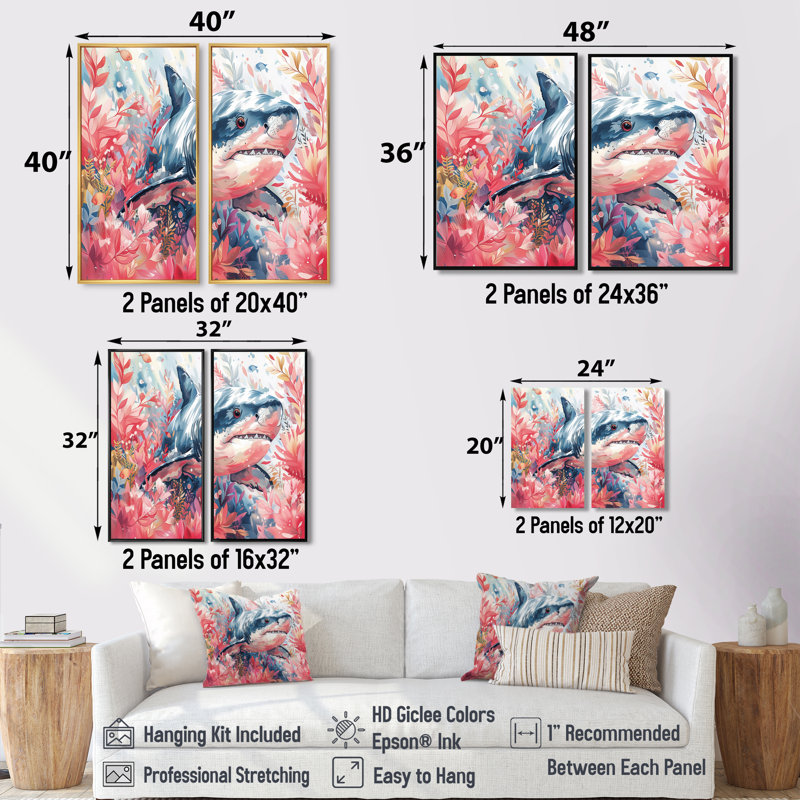 Aquarelle de requin de chasse rose gris II - art mural moderne rose 2 pièces, 36" H x 48" W, Impression encadrée flottante