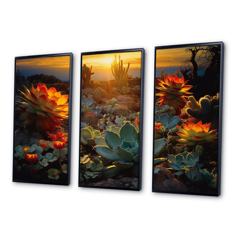 «Succulent Desert Cactus Field Burning Sunset» - ensemble d'art mural succulent, H 28 po x l 36 po x P 1 po