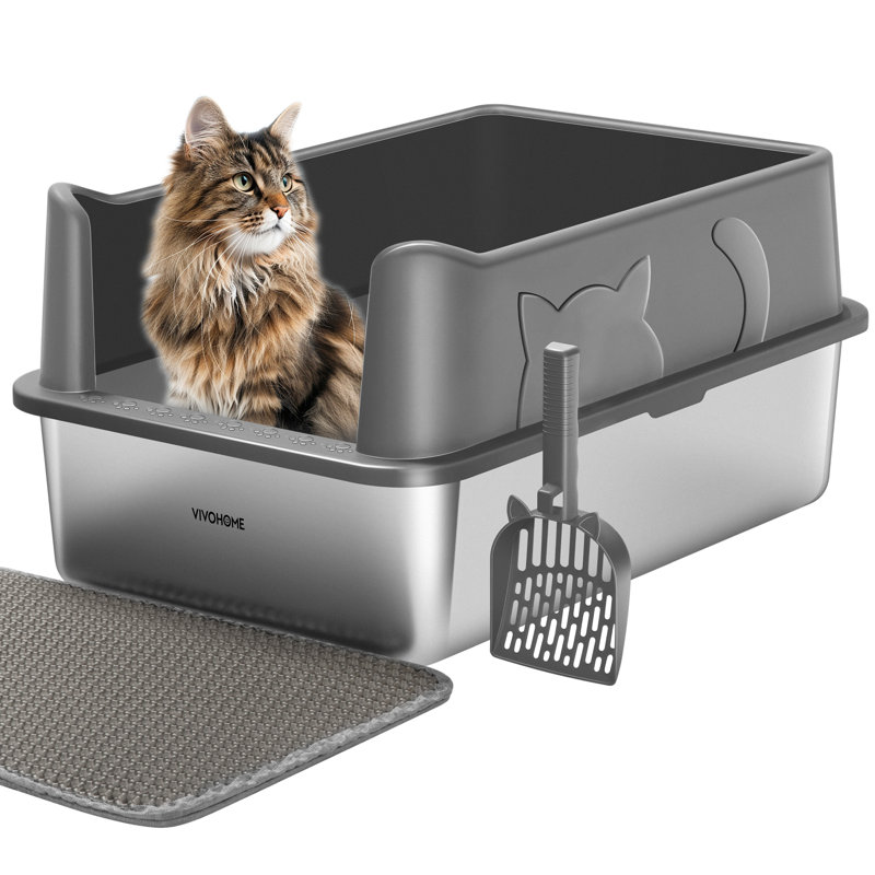 Extra Large Stainless Steel Cat Litter Box with Lid, Litter Mat and Scoop, Dark Gray