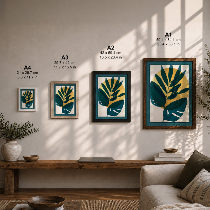 Tropical Leaves Geometric Botanical - Framed Print, A4 - 29.7 x 21.0 cm, Walnut