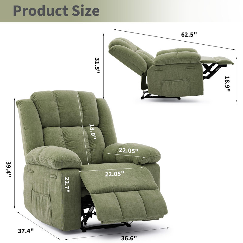 Fauteuil inclinable surdimensionné et fauteuils inclinables à 150 °, Green Chenille