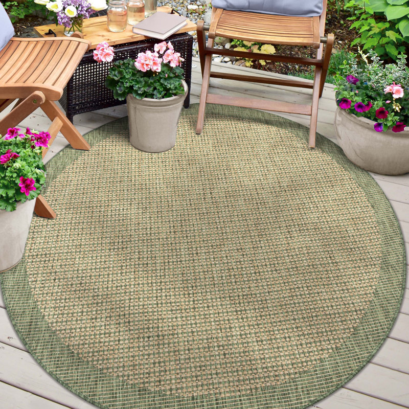 Green Round Synthetic Flat-Weave Outdoor Area Rug