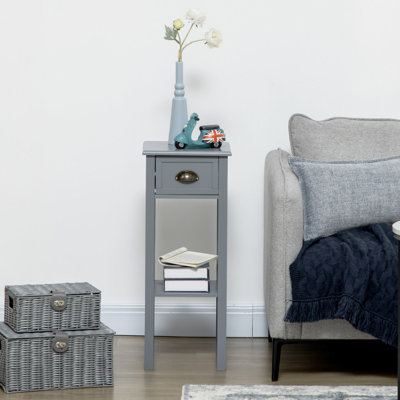 Gray 2 Side Table With Drawer, Narrow End For Bedroom & Living Room. Extra Storage Space Magazines, Books, Plants, Images. Stylish Look, Construction,