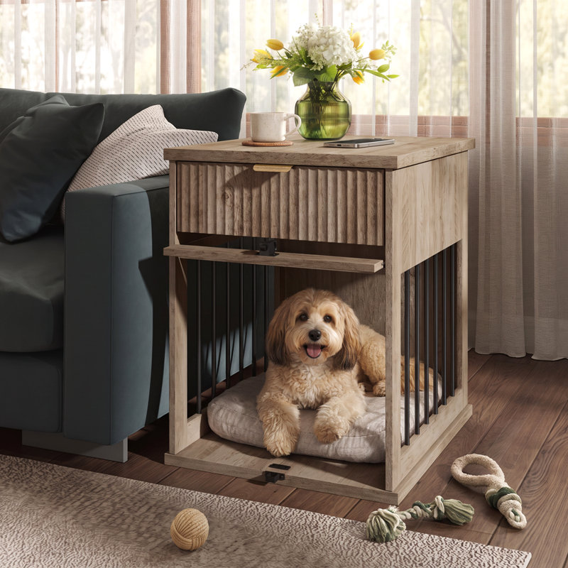 Cage pour chien de style meuble avec tiroir et borne de recharge, Gris antique