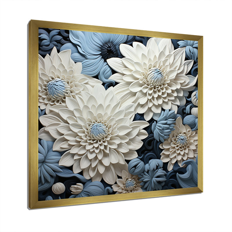 "Graceful Mums" noir et bleu pâle, peinture III sur toile, Cadre doré simple, H 16 po x l 16 po x P 1 po