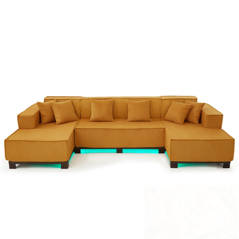 U-Shaped Sectional Sofa With RGB LED Light Strip And 6 Pillows, Orange Corduroy