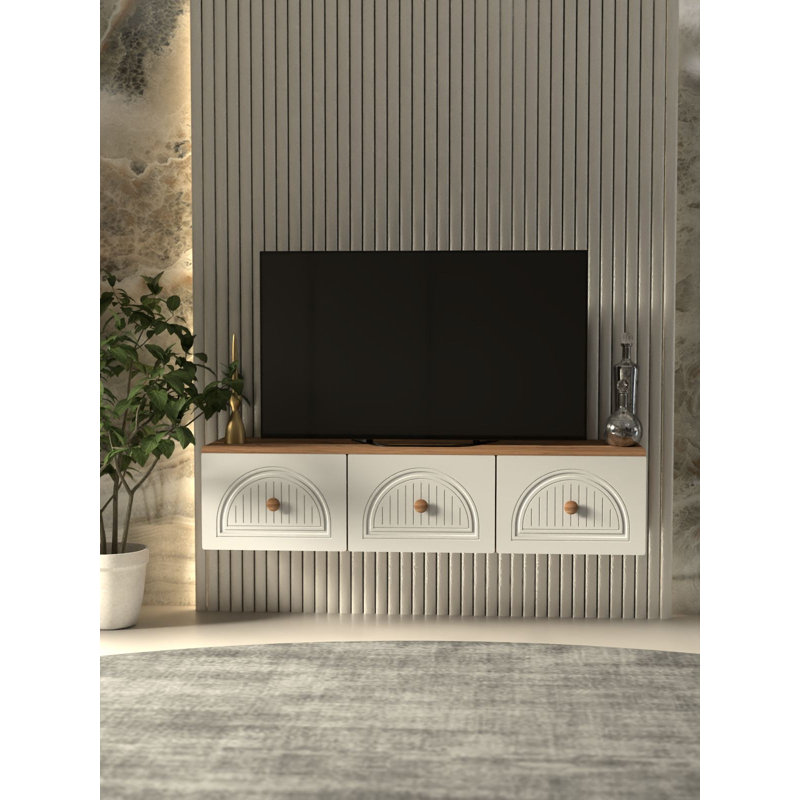 Modern TV Stand with Wall-Mount Option, Atlantic Pine & White, 53.1 x 12.6 x 13.8 inches | 100% Melamine Coated Chipboard, Thickness: 0.7 inches | Multiple Shelves, Stylish Geometric Design for Contemporary Living Rooms