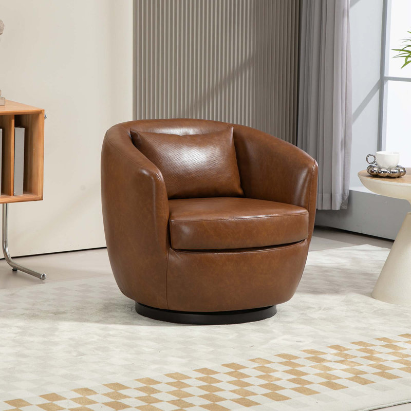 Fauteuil demi-tonneau rembourré pivotant avec rangement, Similicuir brun