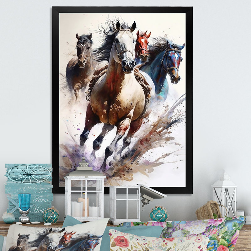 Troupeau de chevaux qui courent - reproduction sur toile, L 12 po x H 20 po, Impression noire sur toile encadrée