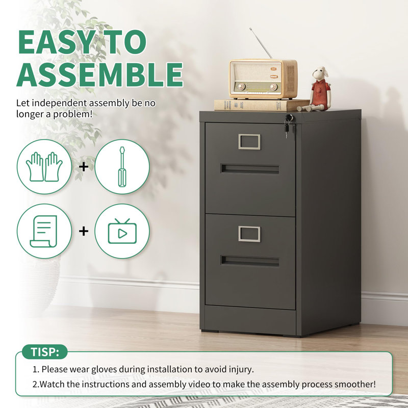 Black Vertical 2 Drawer Lockable Metal File Cabinet
