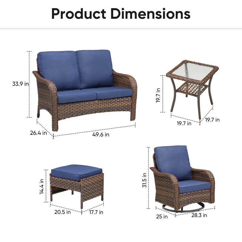 Ensemble de conversation pour causeuse avec chaises pivotantes, table d'appoint et repose-pieds Arley, Bleu