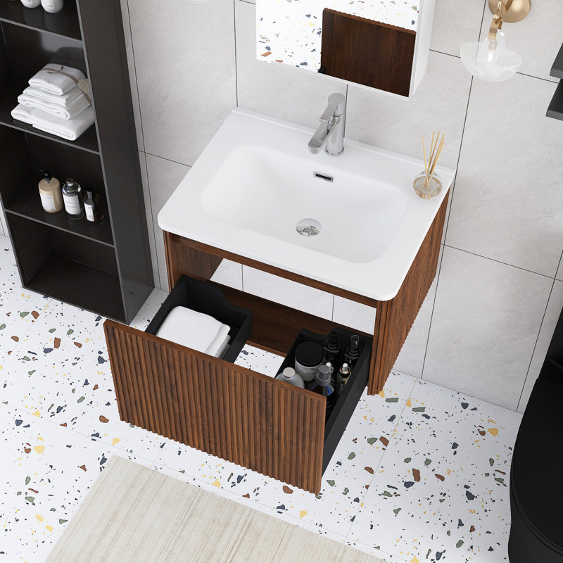 Meuble-lavabo simple mural 24 po avec plateau en céramique blanche 24 po, Brun