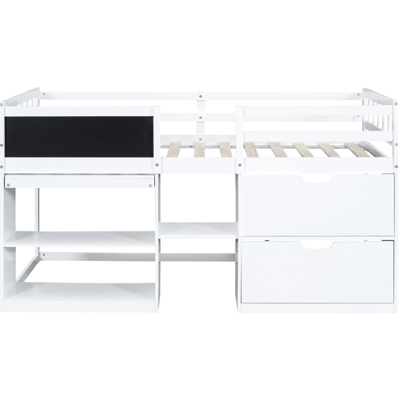 Lit mezzanine bas blanc simple avec bureau roulant, tablette et tiroirs - Bois massif fonctionnel et solide pour un look de chambre à coucher élégant