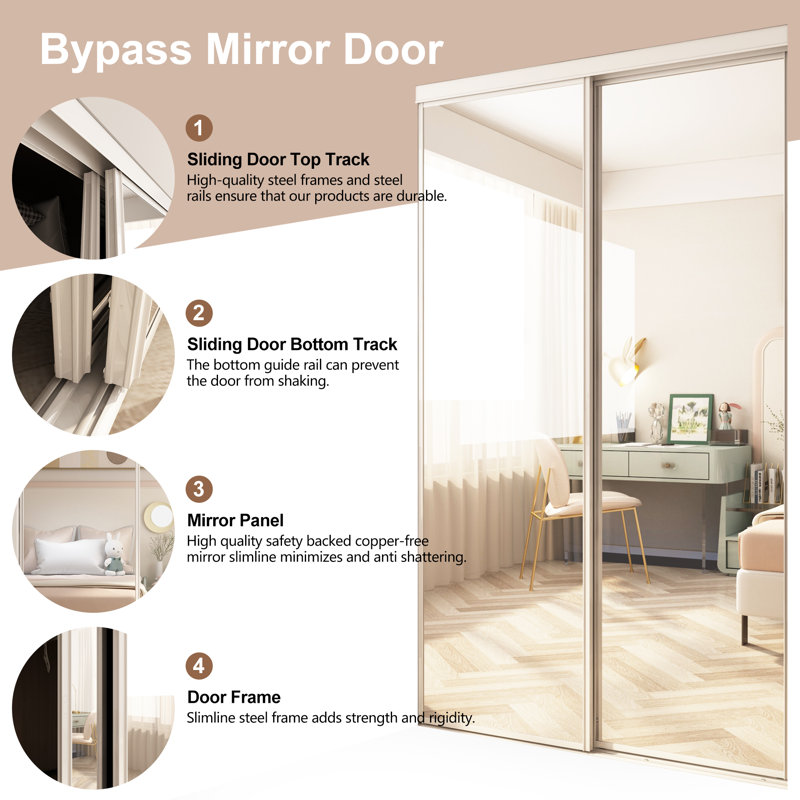 MSD 80'' Hollow Mirrored Prefinished Sliding Closet Doors with Installation Hardware Kit, 80" H x 48" W