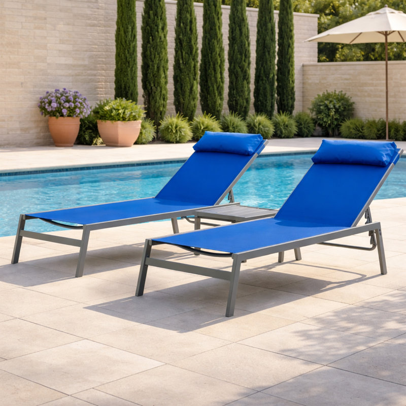 Kozyard Wilson Adjustable E-Coated Wrought Iron Frame and Breathable Textilene Seat Chaise Lounge Chair (Blue, 2 Chairs with Table)