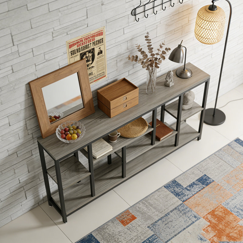 Entryway Sofa Table with Storage Shelves, Gray & Black