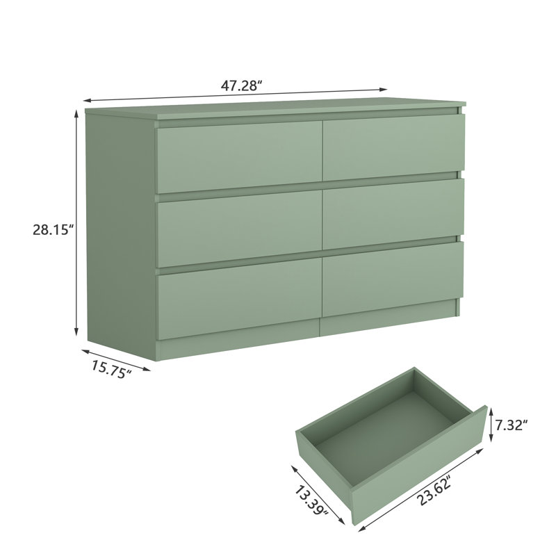 Green 6-Drawer Modern Wood Dresser