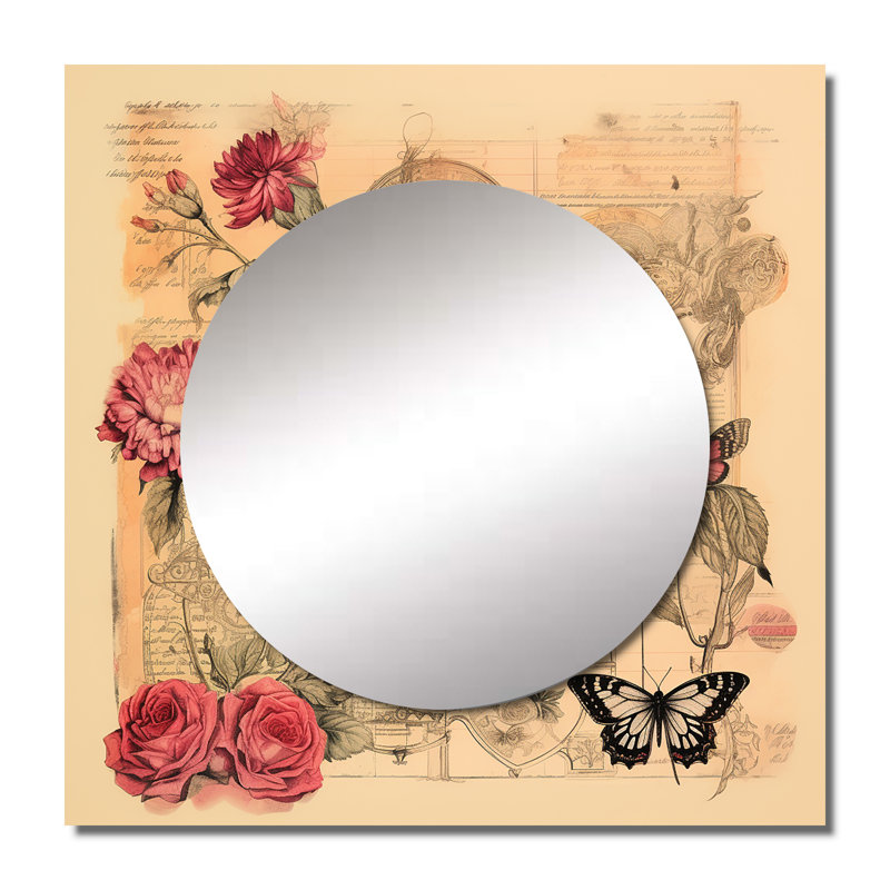 Illustration rétro de papillon rose romantique - animaux, miroir carré pour décoration murale, 29 po x 29 po