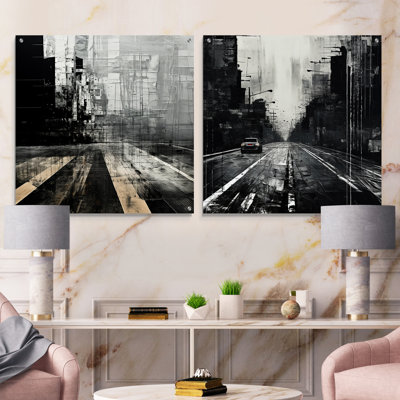 Ensemble de 2 peintures murales en acrylique noir et blanc Road Expression