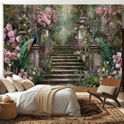 Peel and Stick Wallpaper 100" L x 144" W Modern Self Adhesive Wall Mural for Bedroom - With Vintage Garden Paradise Peacocks Blooming Florals Print