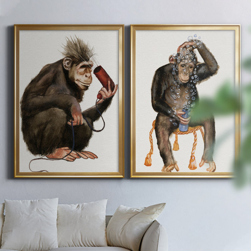 «Bath Animals I», ensemble de 2 impressions, Pas de tapis, H 26,5 po x l 73 po x P 1,5 po, Toile encadrée dorée
