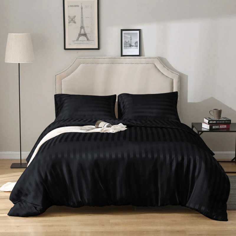 Imperial Homeware London Microfiber Striped Duvet Cover Set with Pillowcases Included, Black