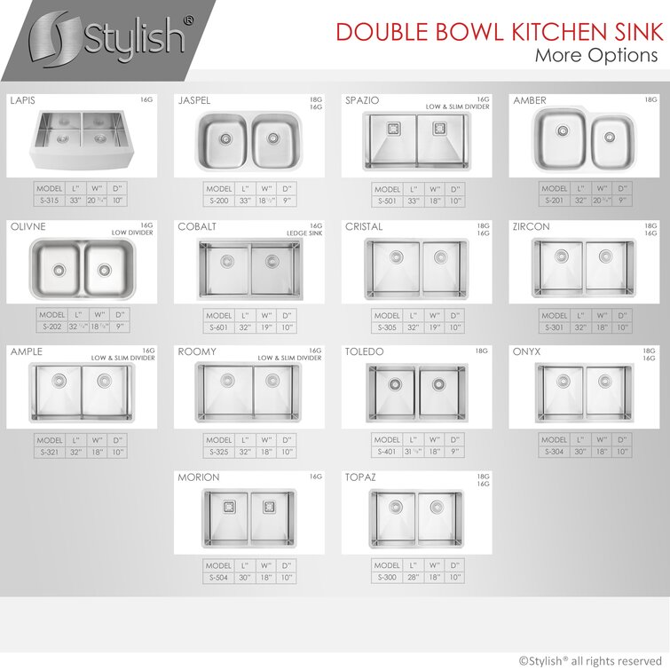 Stylish S-501XG 33 inch Slim Low Divider Double Bowl Undermount Stainless Steel Kitchen Sink