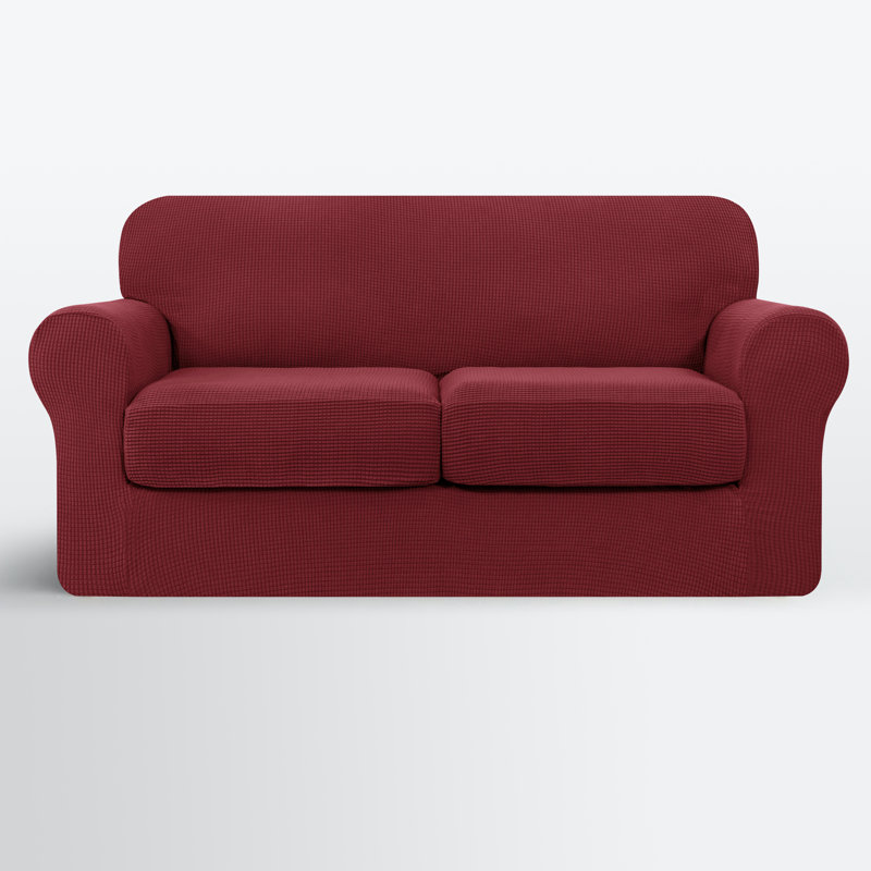 Textured Soft Stretch Separate Box Cushion Loveseat Slipcover, Wine
