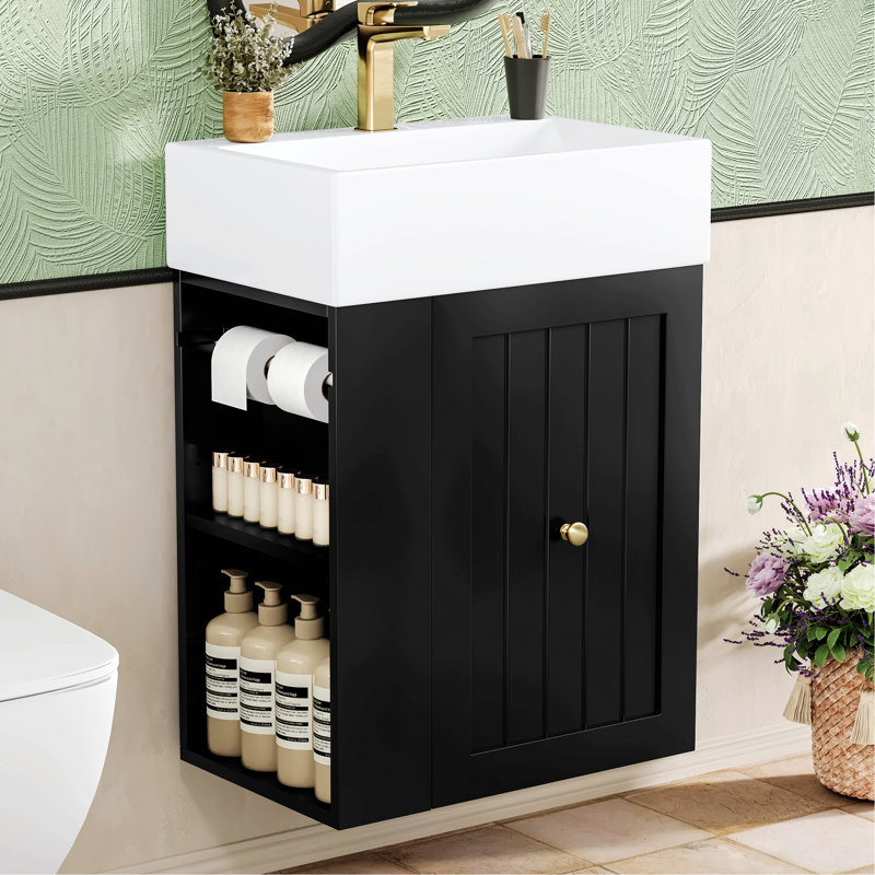 Meuble-lavabo mural avec lavabo en céramique, armoire de rangement en panneau de fibres à densité moyenne et tablette latérale