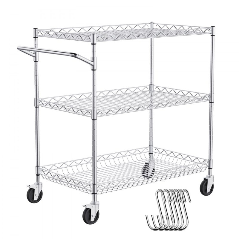3-Tier Utility Cart Rolling Cart on Wheels 30"x18"x32.4" 661 LBS 6 Hooks