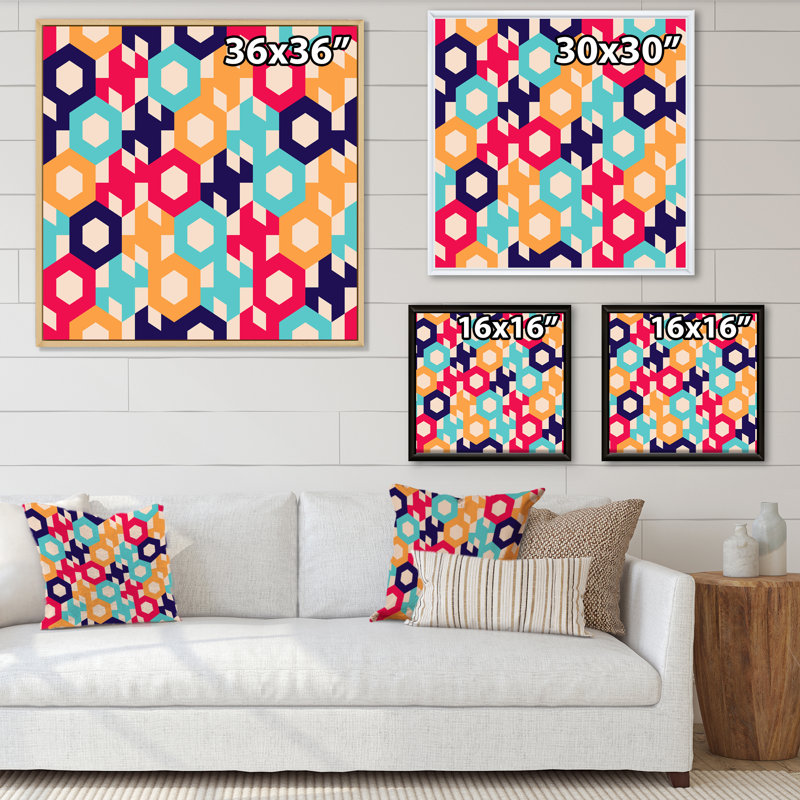 «Retro Geometrics In Blue Orange And Red», impression sur toile, H 36 po x l 36 po, Cadre flottant doré