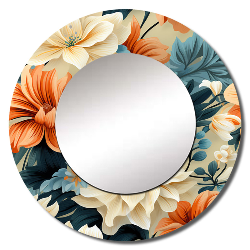 Motif botanique floral chaud en terre cuite et bleu - miroir floral, miroir mural rond rond bleu, impression d'art en métal