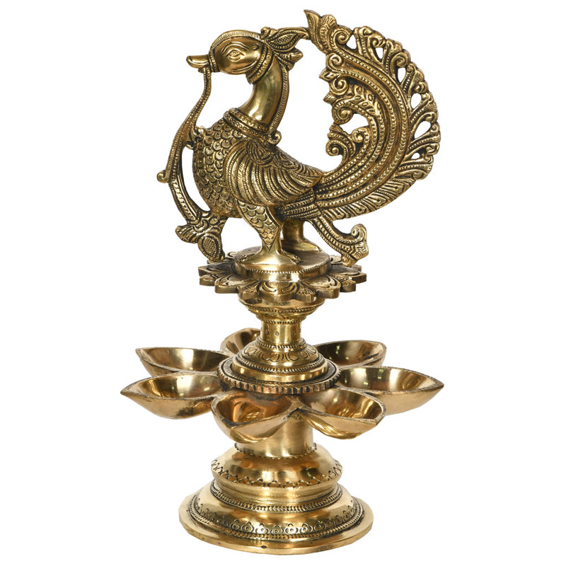 11" Seven-Wick Brass Peacock Diya – Handcrafted Traditional Oil Lamp for Home Mandir