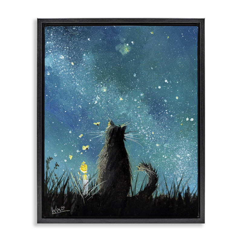 «Cat Gazing at Stars», art mural encadré flottant par Ronald West, H 31 po x l 25 po, Cadre flottant noir de jais