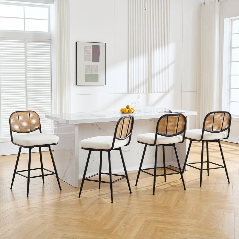 Upholstered Swivel Counter Stool With Rattan Backrest, White, Counter Stool (26” Seat Height)